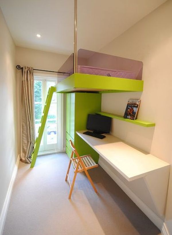 Modern narrow kids room loft bed desk underneath