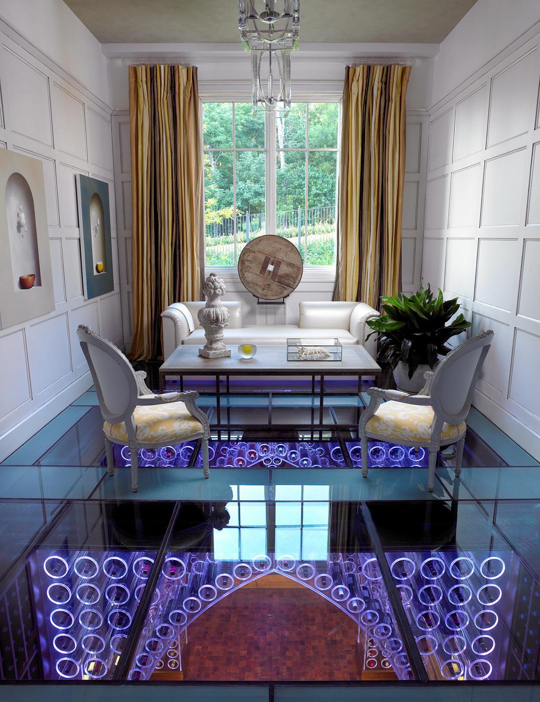 Modern sitting area above the wine cellar