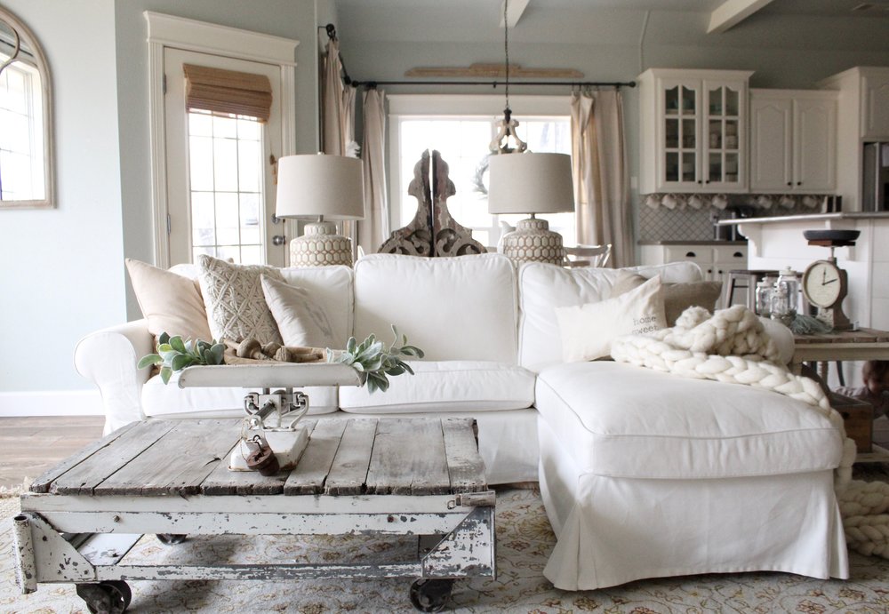 Monochromatic living room with rustic accents