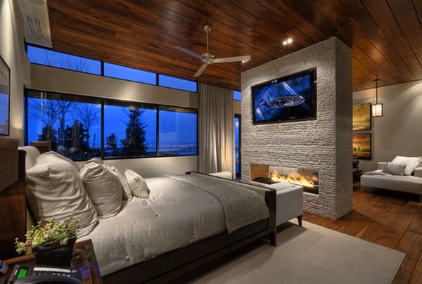 Narrow bedroom with living divide by fireplace