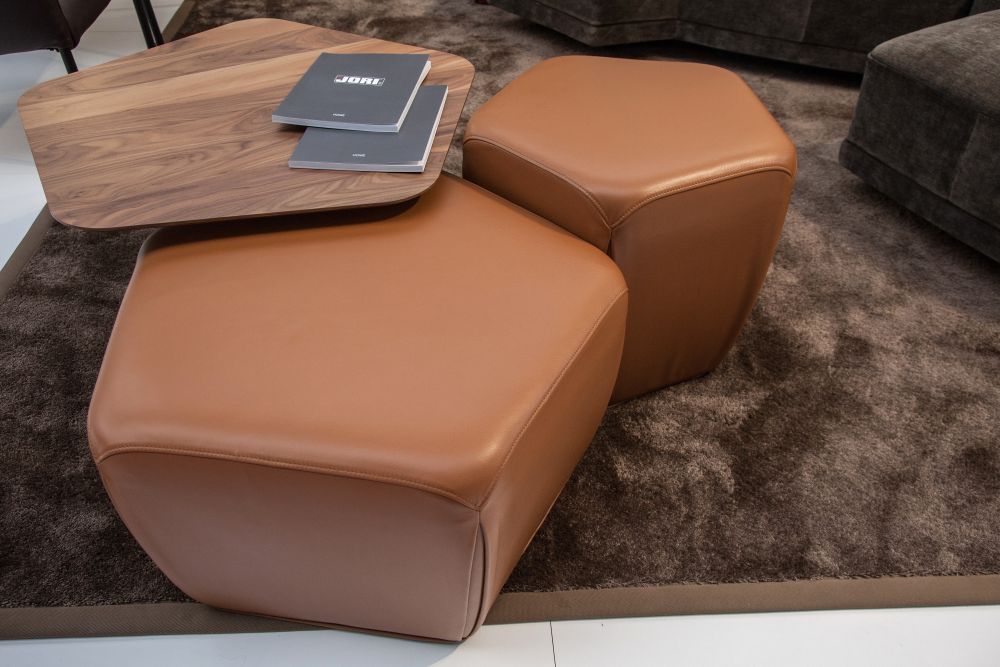 nesting tables - wood and leather ottomans