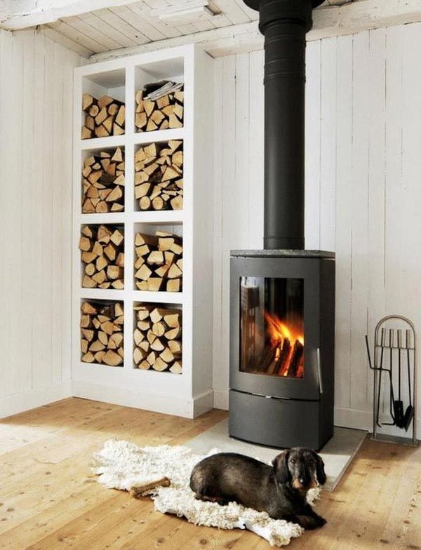 Nordic design wood stove and firewood storage