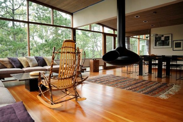 Open space living room floating fireplace