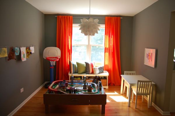 Orange curtains for playroom