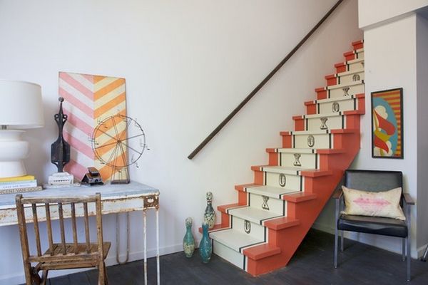 Orange painted stairs runner