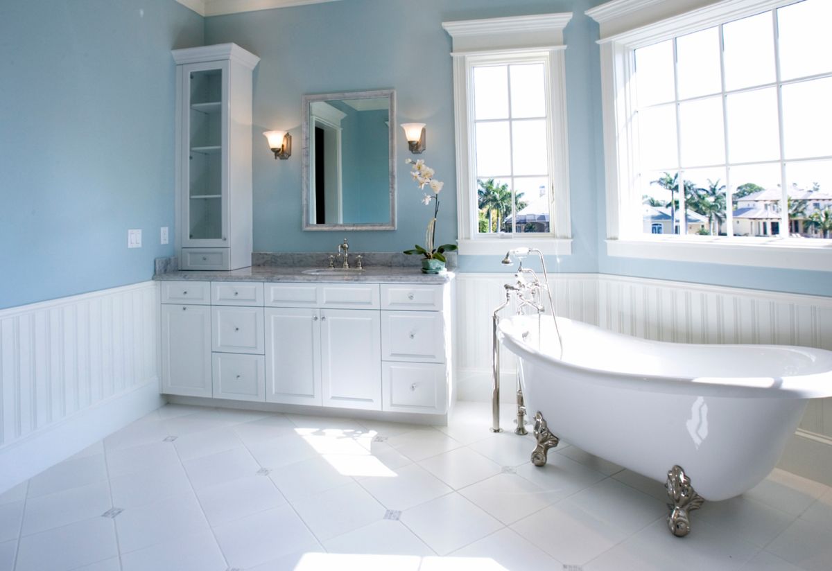 Pale blue and white bathroom color scheme