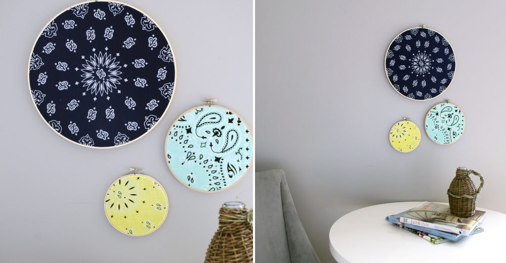 patterned fabric in embroidery hoops
