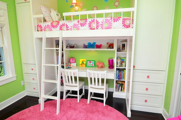 Pink carpet white loft bed with desk