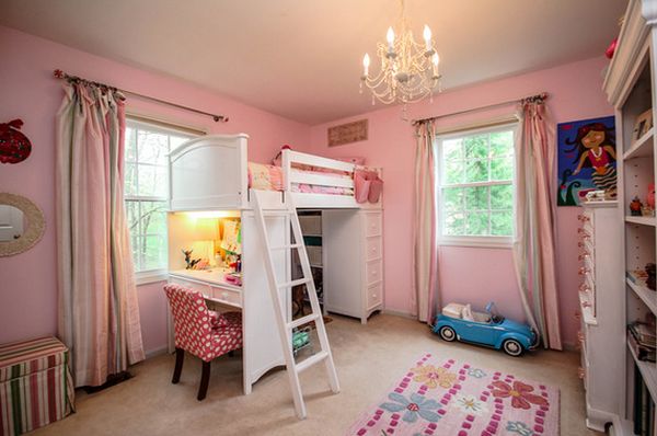 Pink princes loft bed desk underneath