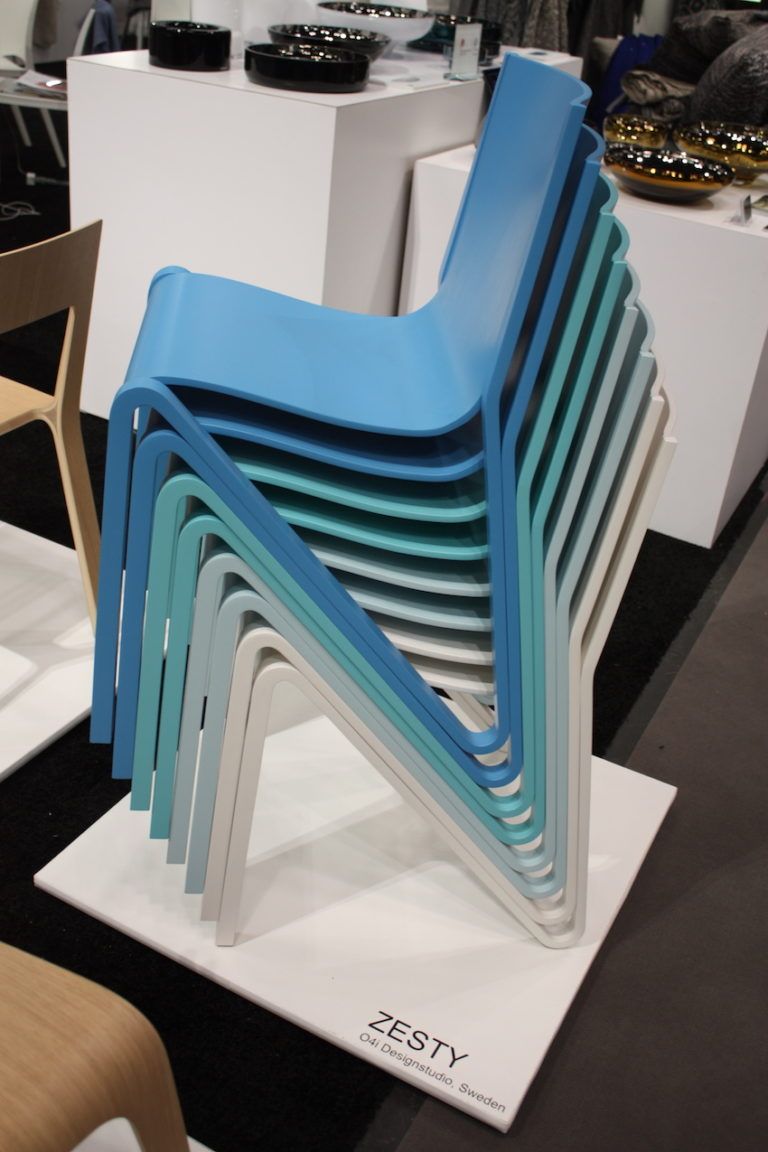 Modern design and a stackable shape distinguish this chair.