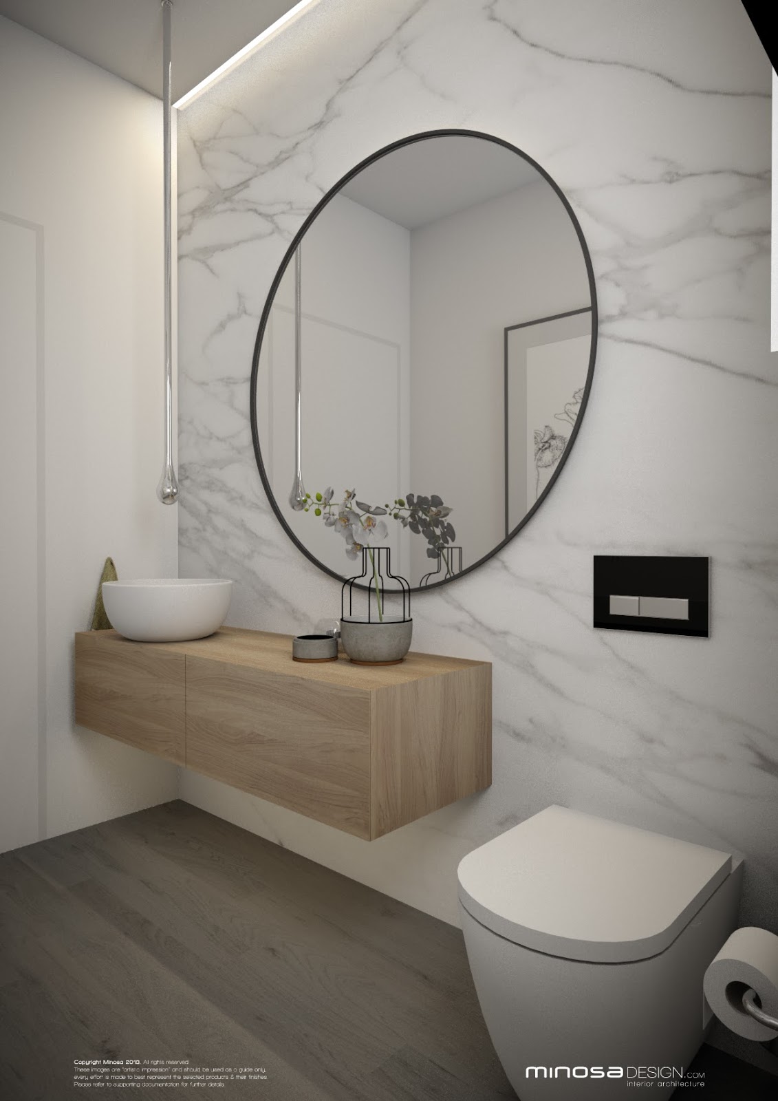 powder room with marble wall