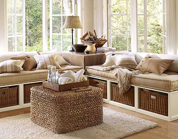 Rattan baskets under bench window