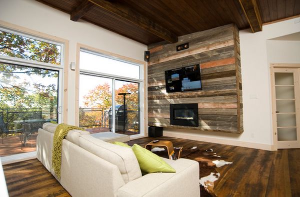 Reclaimed wood paneling fireplace tv