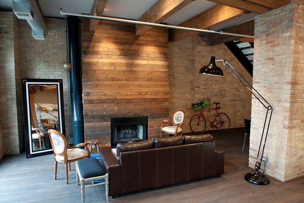 Reclaimed wood paneling fireplace