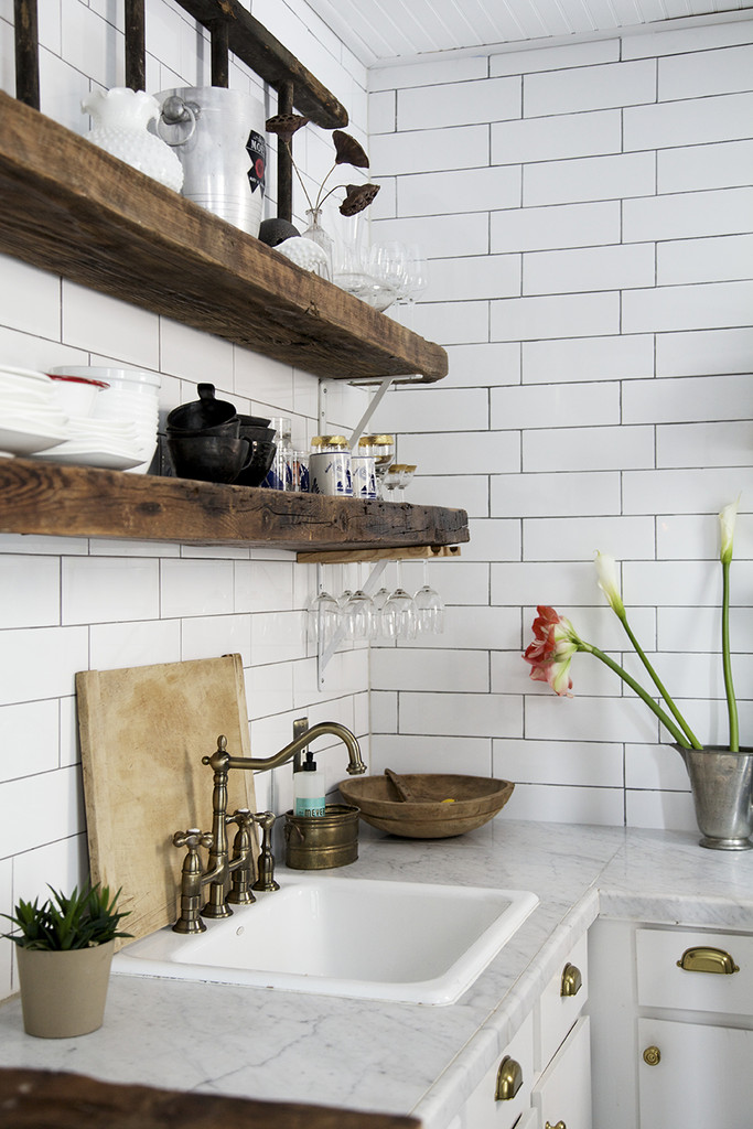 Reclaimed wood shelves kitchen