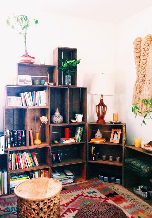 Recycle old crates and turn them into box shelving