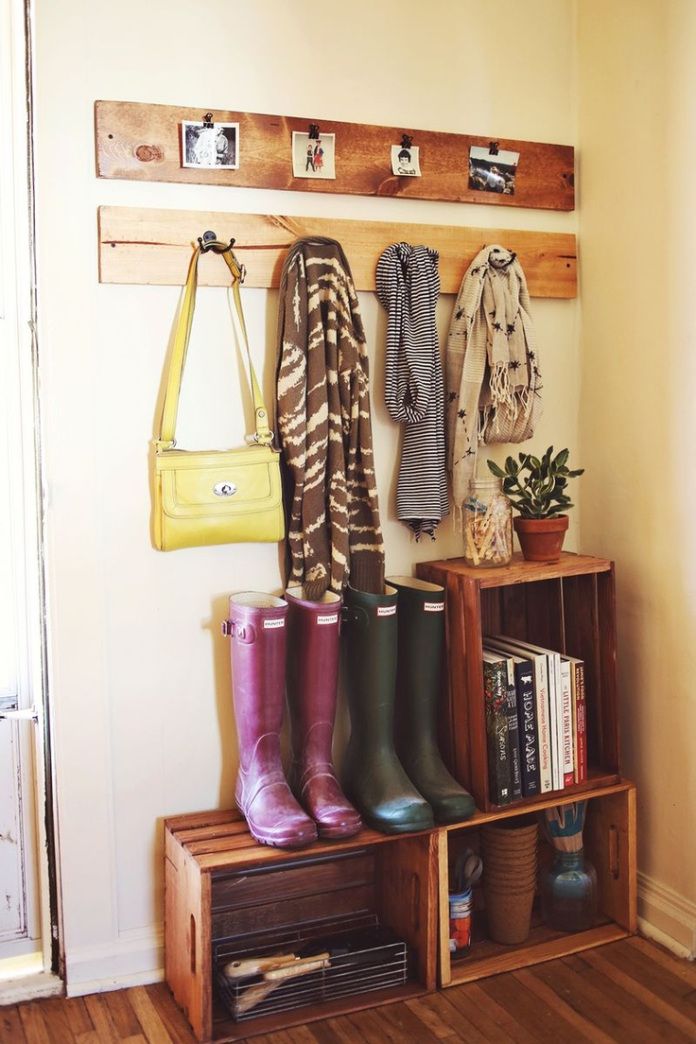 Recyle old wood crates for an entryway storage