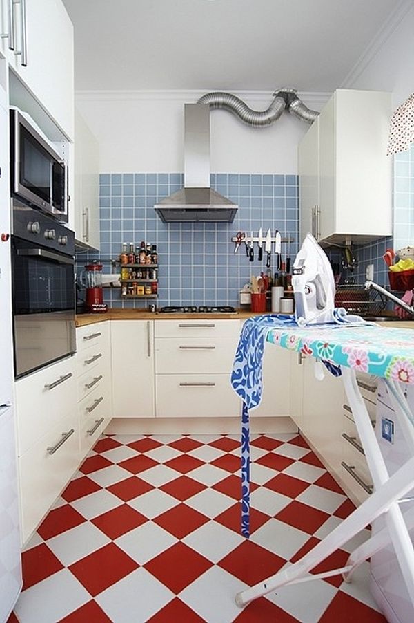 Red and white kitchen floor tiles