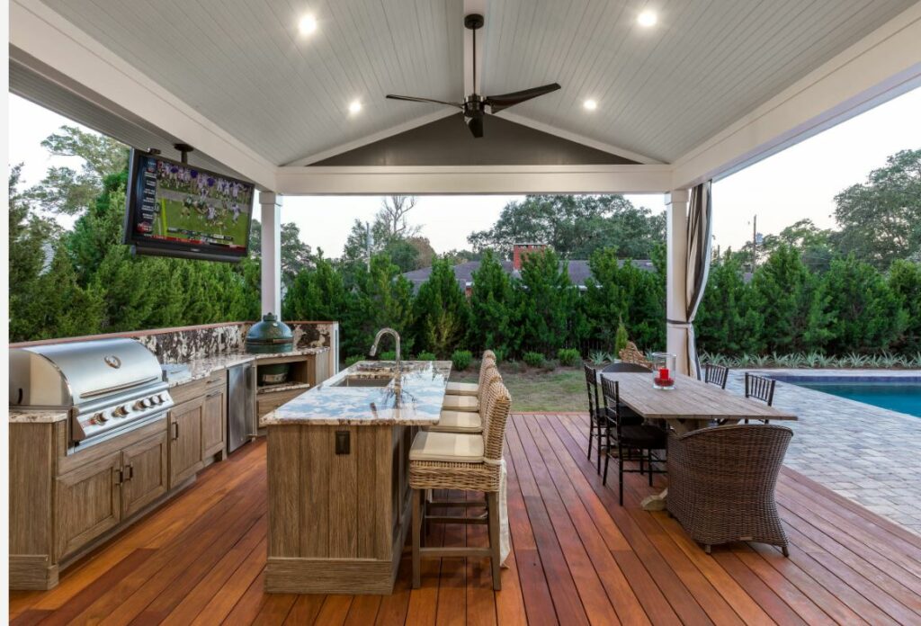 Red woood deck with kitchen 1024x696