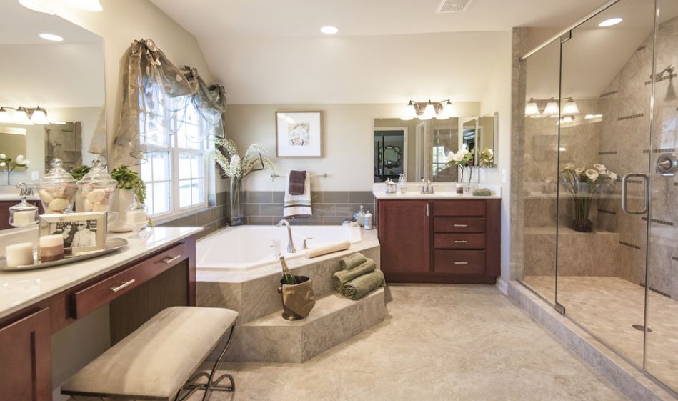 romantic-bathroom-design-with-curtains-on-windows-and-built-in-corner-tub