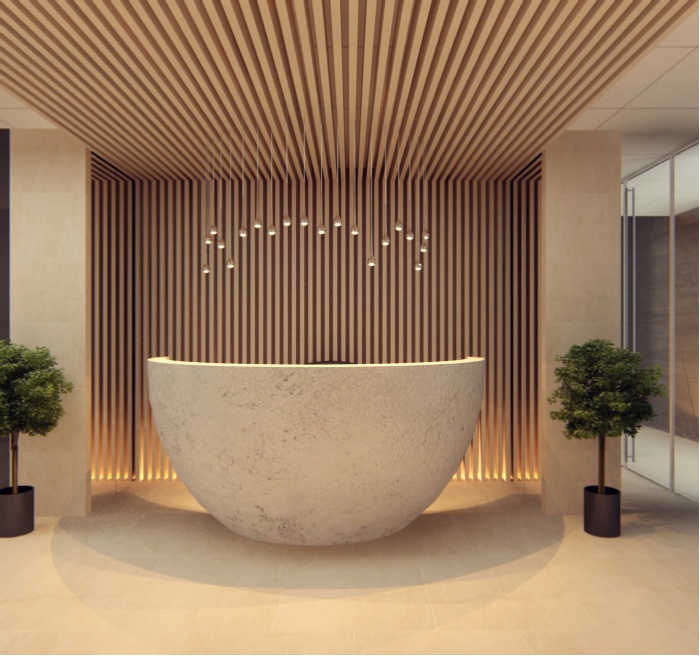 Round edges concrete reception desk