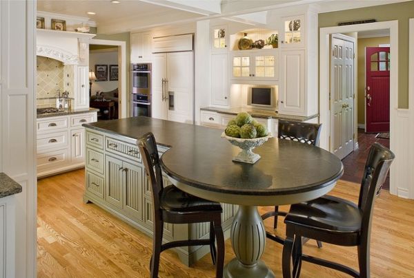 A hybrid kitchen island with a table extension on one side