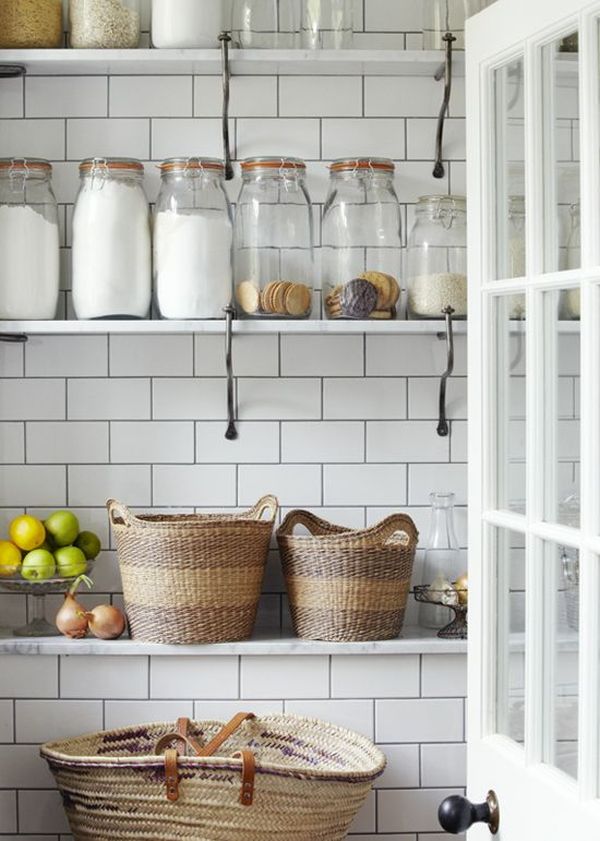 Rustic kitchen wall open shelves subway tiles