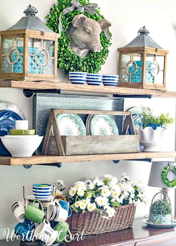 rustic open shelves decorated for summer