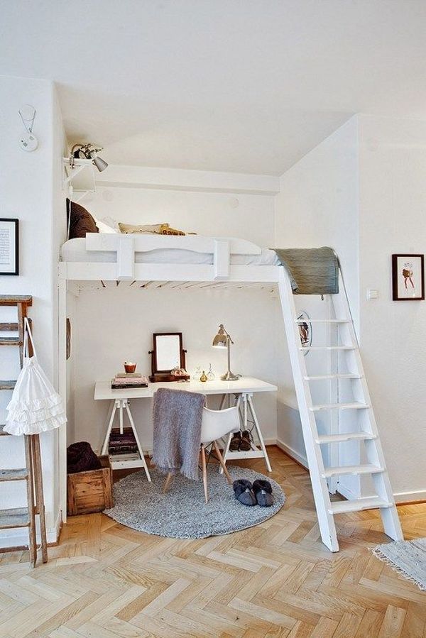 Scandinavian interior design desk under bed