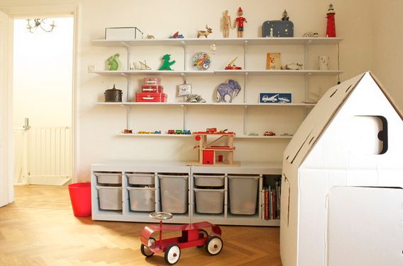 shelves and drawers or cubbies for playroom