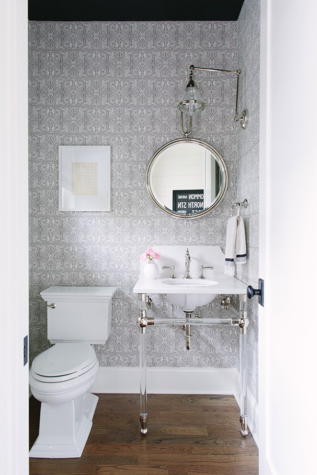 silver printed contemporary powder room