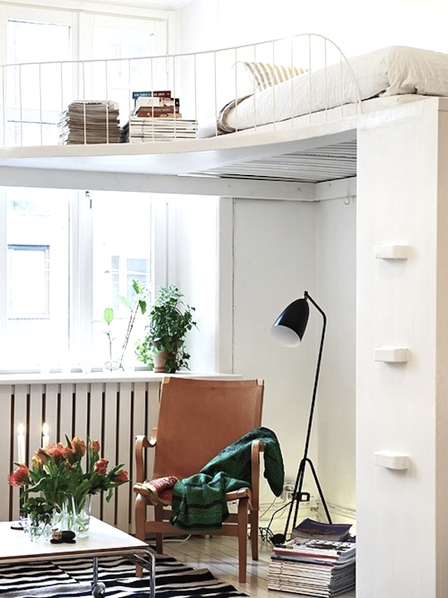 Small space apartment loft bed desk underneth