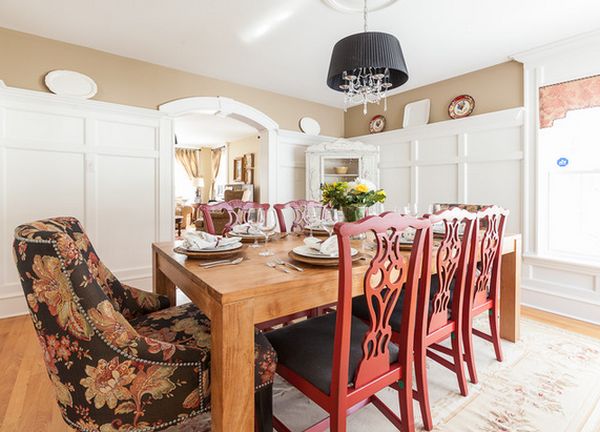 Solid wood table traditional red chairs