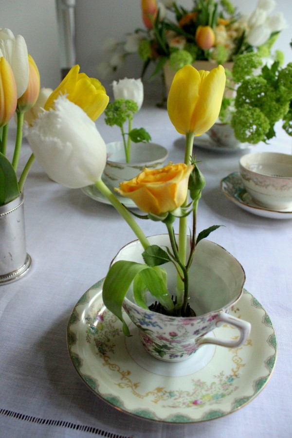 spring teacup flower arrangement