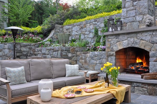 Stone outdoor fireplace