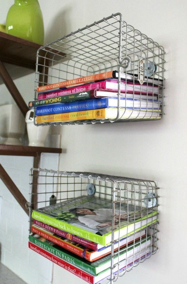 Store kitchen books vertical wire baskets