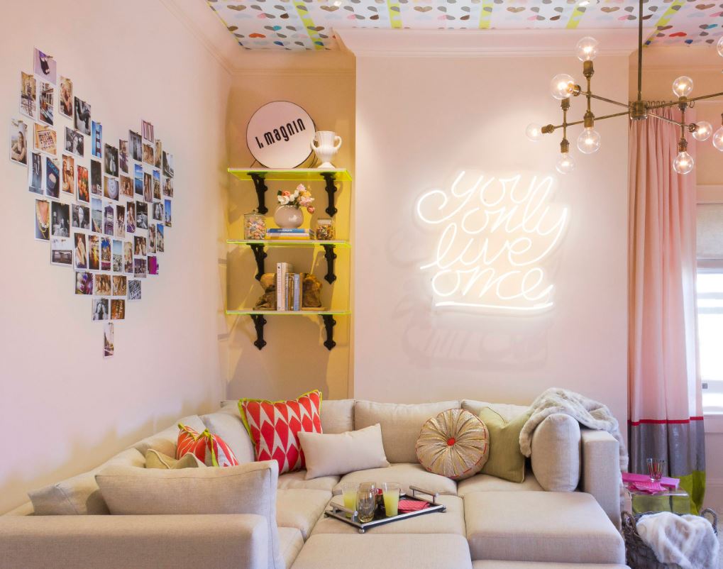 Teen room with neon lights and large sectional