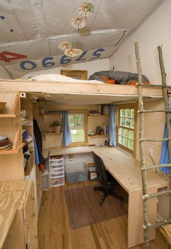 Tiny house loft bed under desk