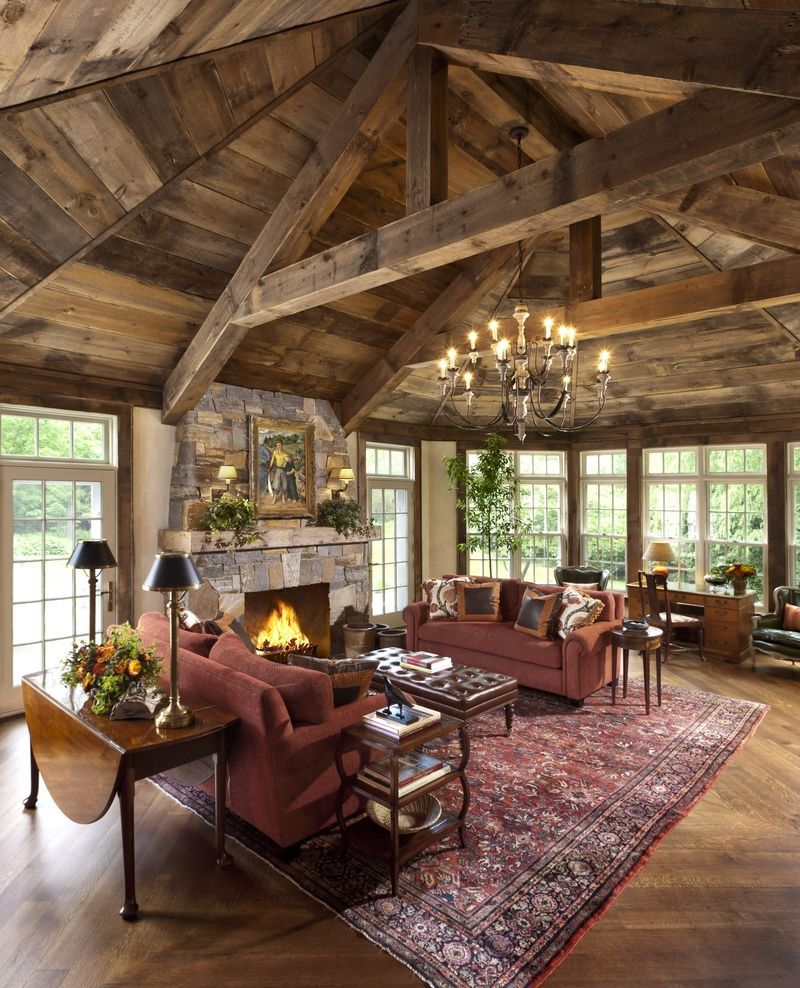 Traditional rustic living room with cranberry accents