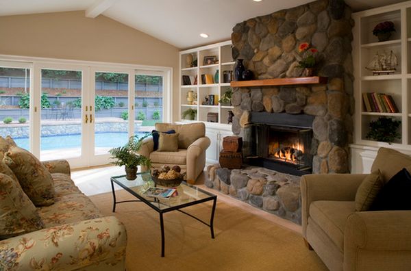 Traditional stone fireplace