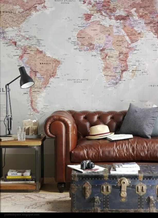 Tuftead leather sofa old map wall decor