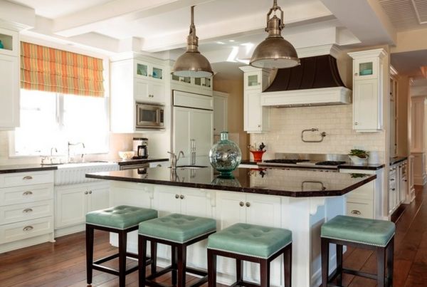 Turquoise leather seating industrial lighting for island