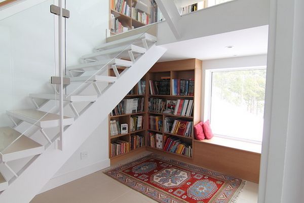 Understairs storage reading nook
