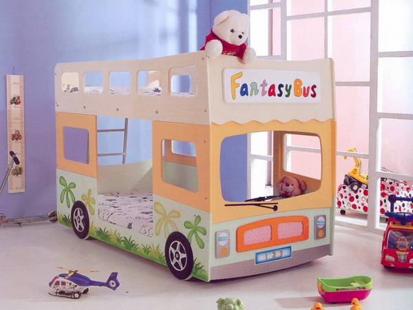 A very creative bunk bed design shaped like a bus