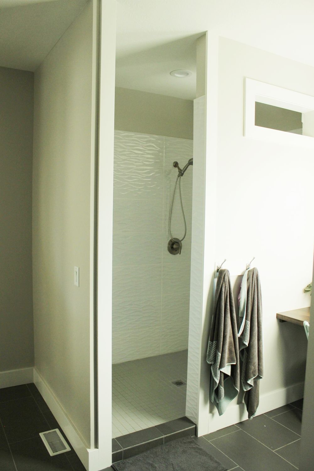 walk-in shower completes the white bathroom