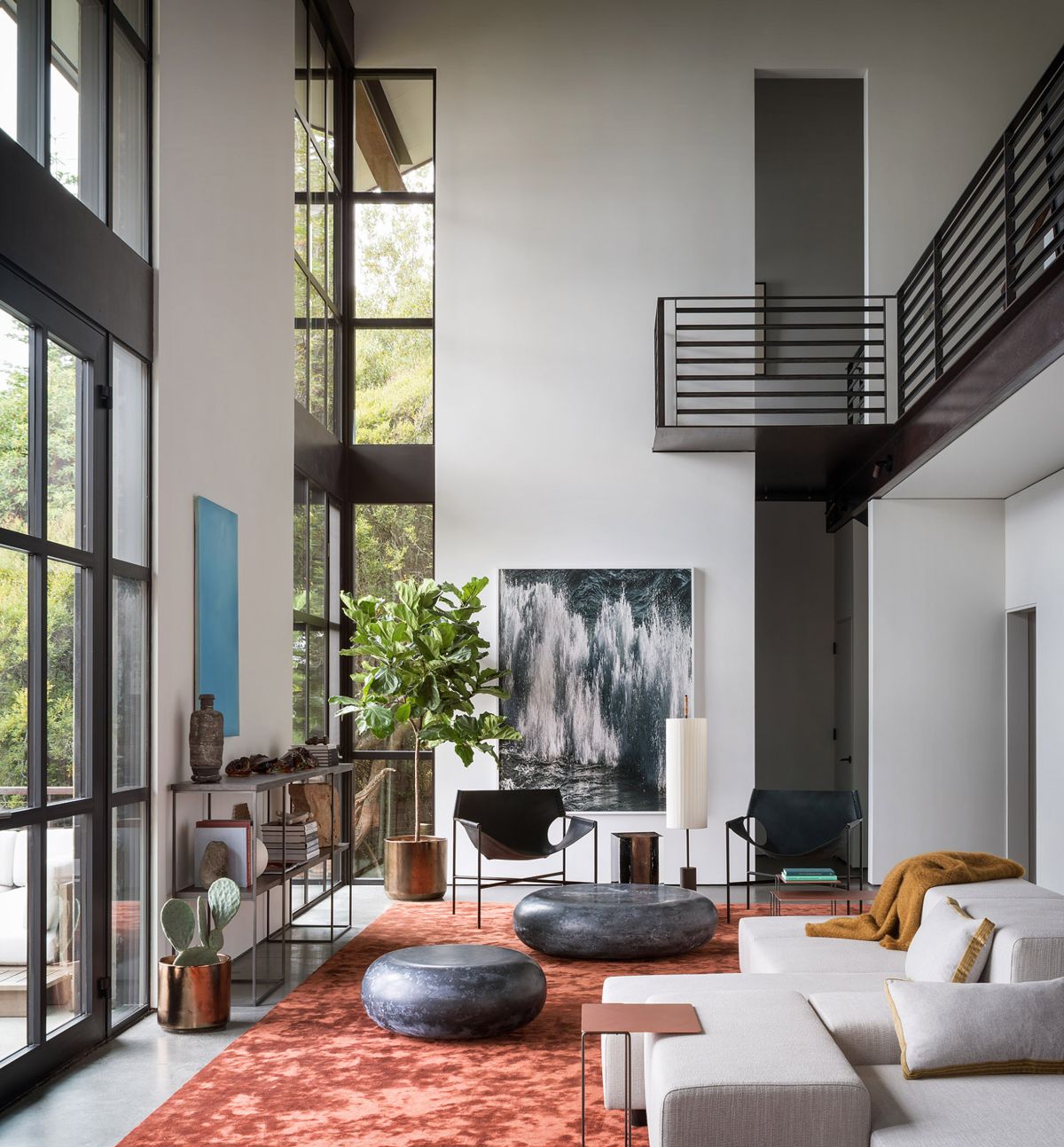 Waterfront home in the Pacific Northwest by Olson Kundig living room high ceiling