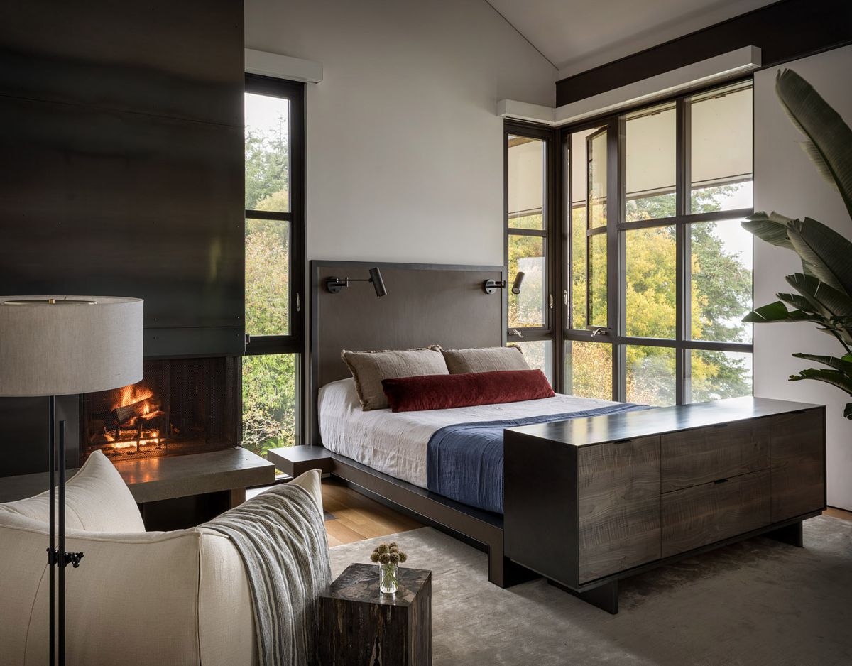 Waterfront home in the Pacific Northwest by Olson Kundig platform bed with sideboard