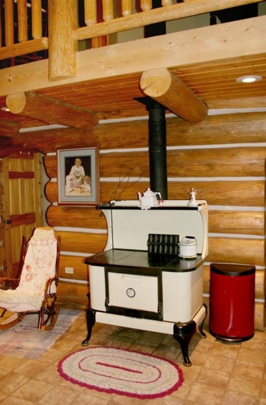 White and black cookstove on log wall