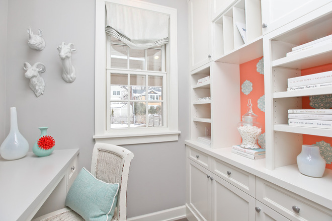 White home office coral and mint accents