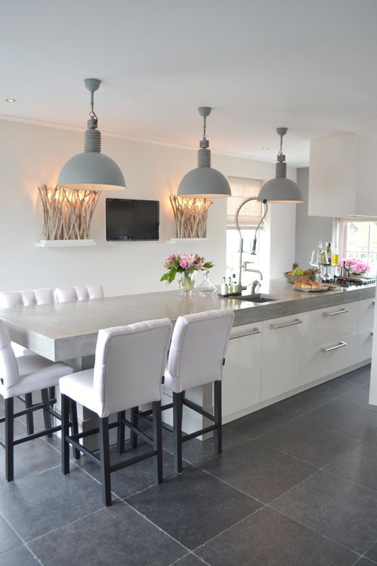 White kitchen design contertop island with seating